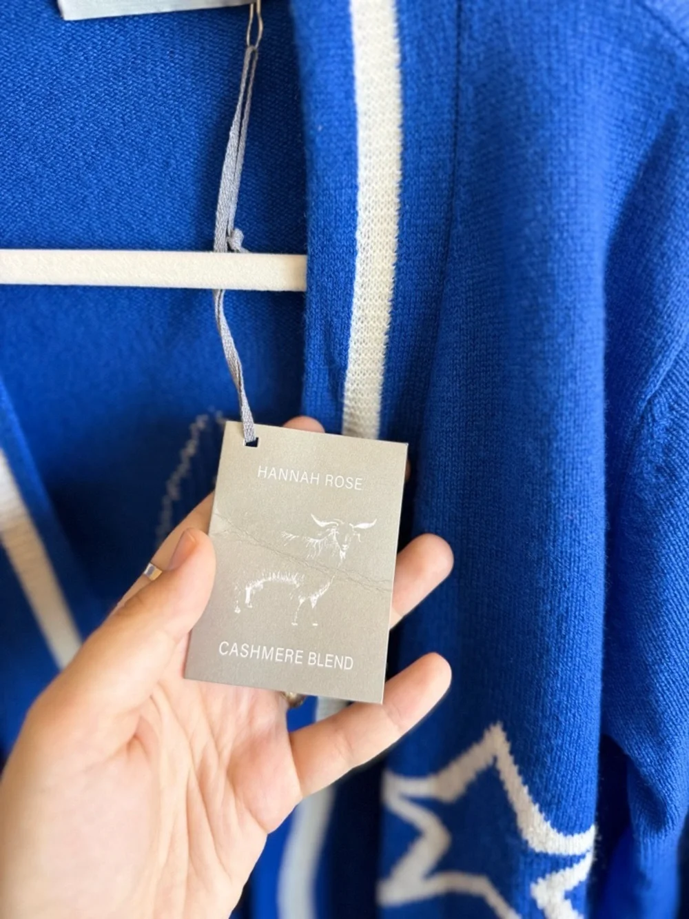 NWT Hannah Rose Merino Wool & Cashmere Open Front Cardigan Blue & White Medium - Picture 2 of 8